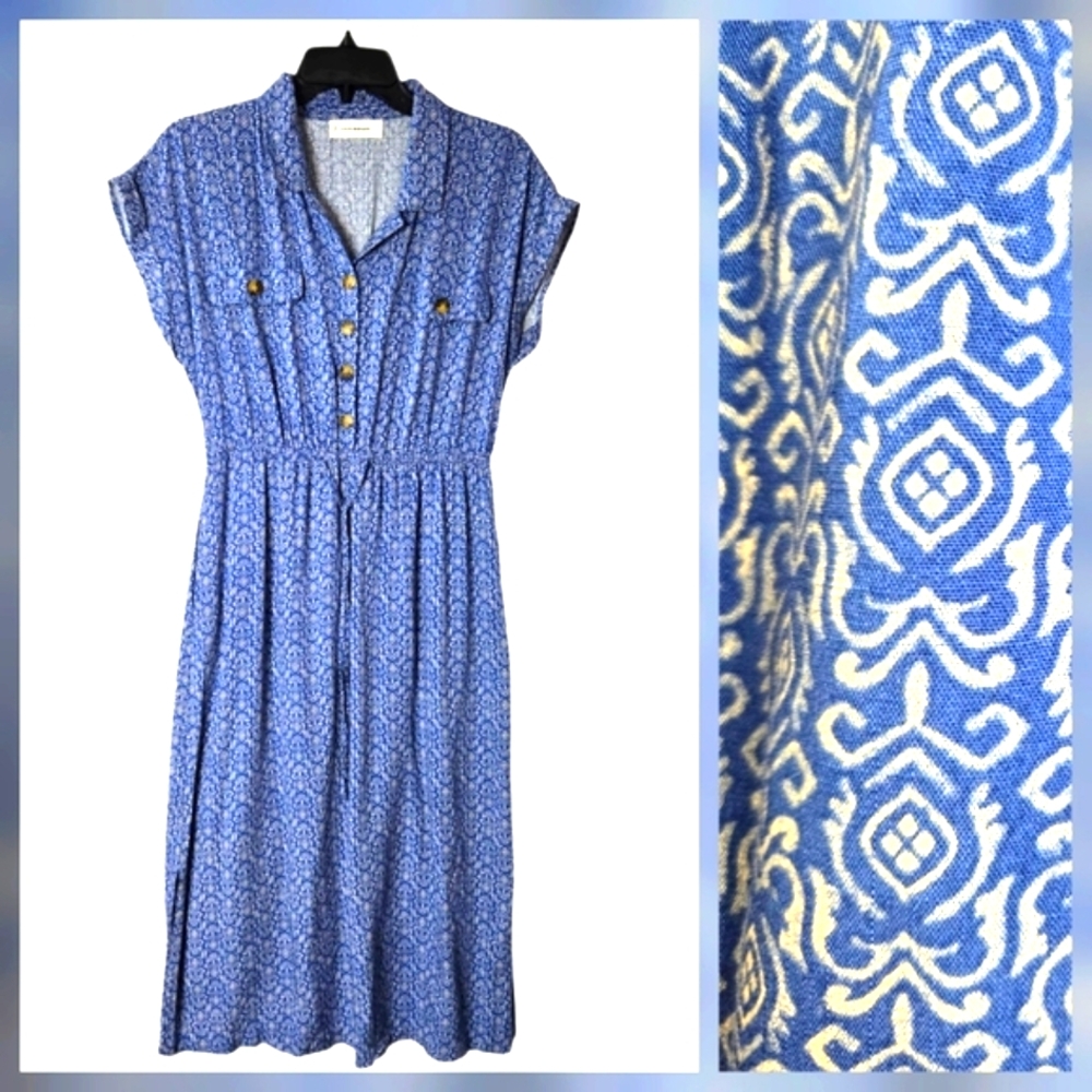 Lucky Brand Boho Midi Shirt Dress Blue Button Front Elastic Waist Size Small - Picture 1 of 15
